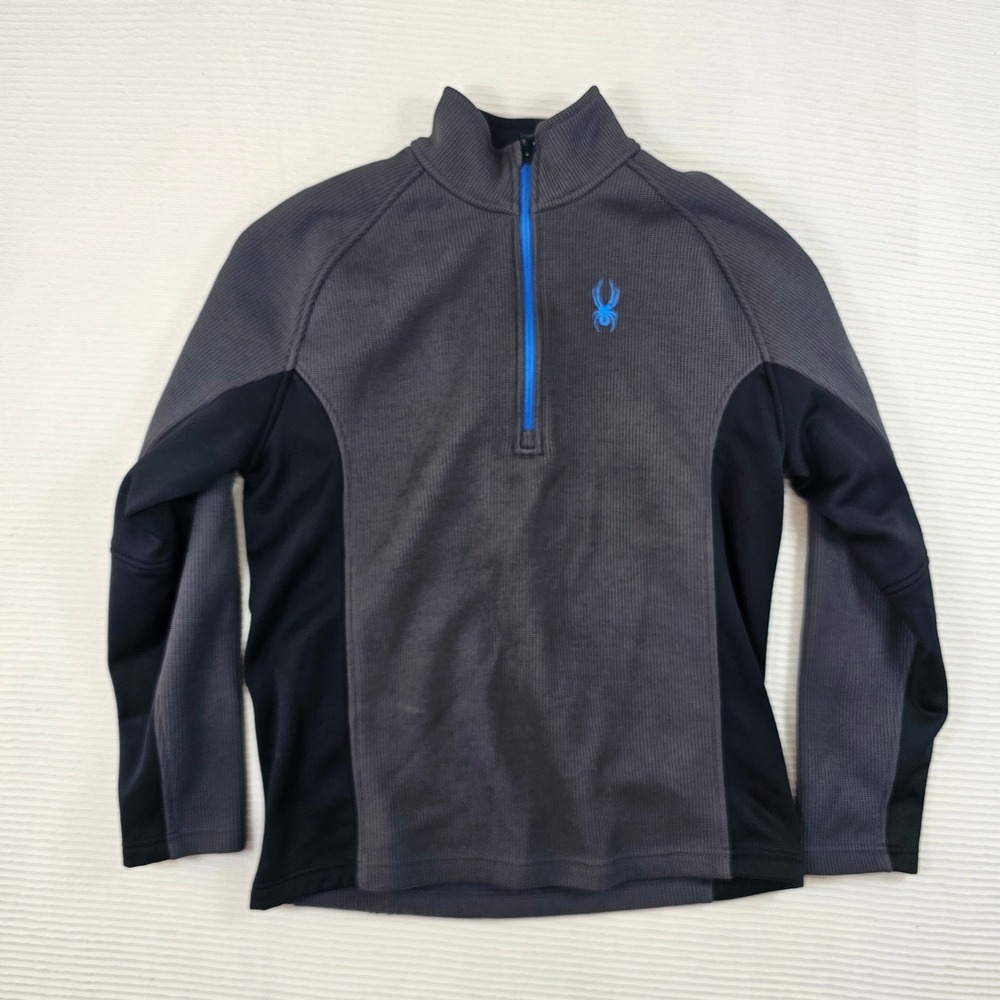 Spyder mens Quarter Zip Fleece Pullover Grey Black Blue Waffle Knit Size L 14/16